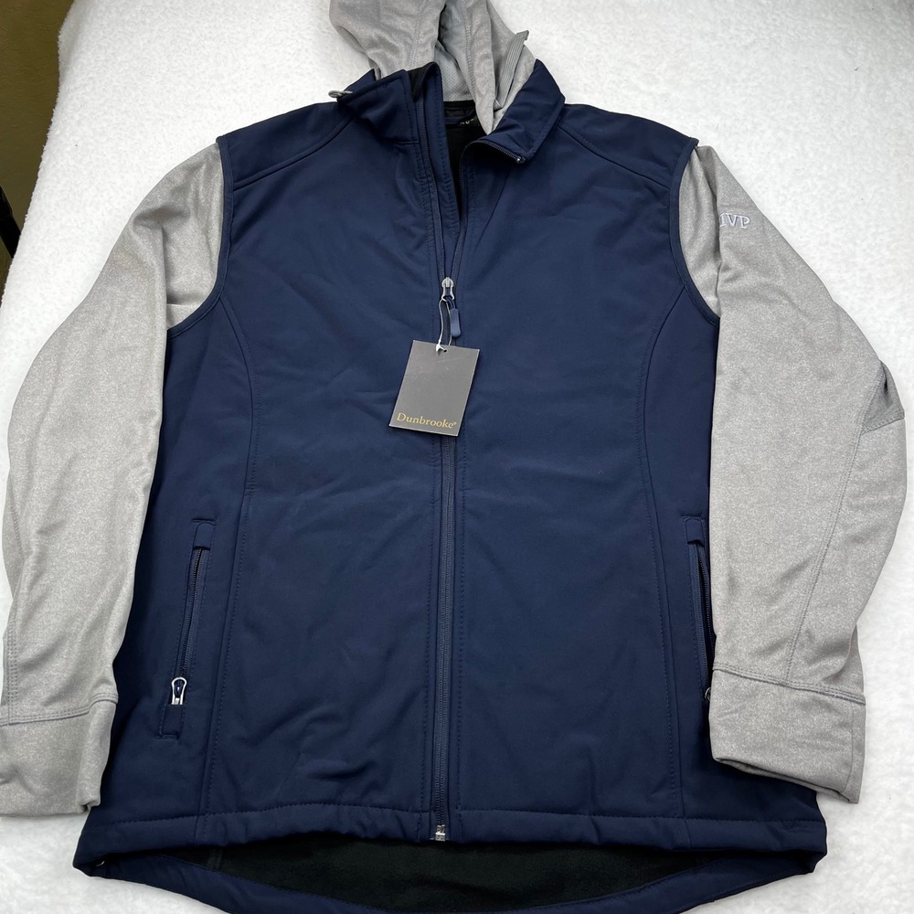 Dunbrooke Softshell Jacket Full Zip Hooded Gray Sleeve Navy Vest Mens M